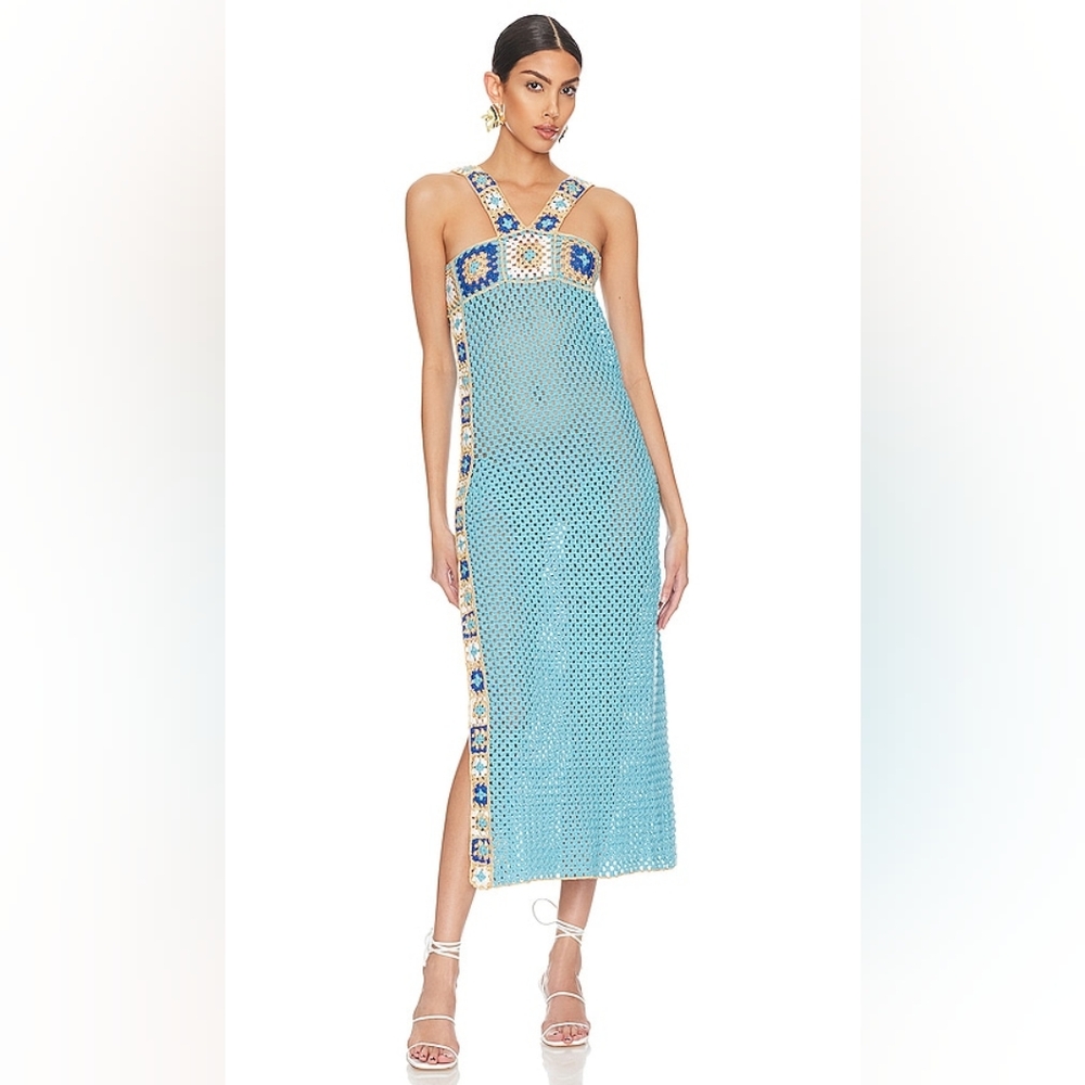 REVOLVE Sky Blue Crochet Maxi Dress with Multicolor Mosaic Trim - Picture 3 of 10